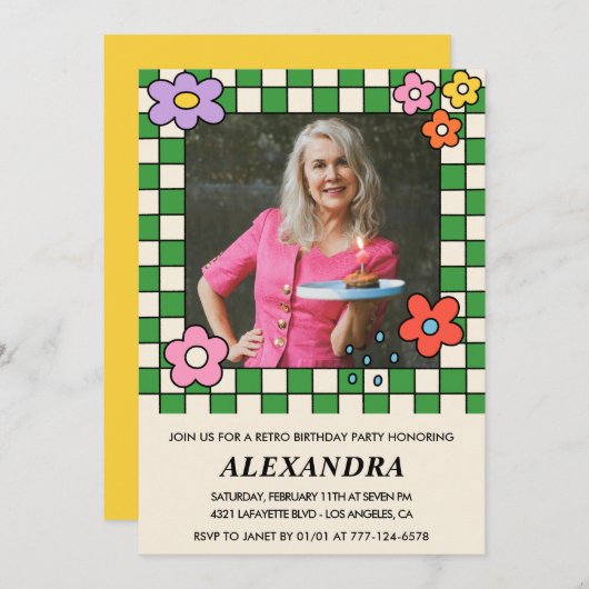 レトロ花Groovy写真73歳 招待状 (正面/裏面)