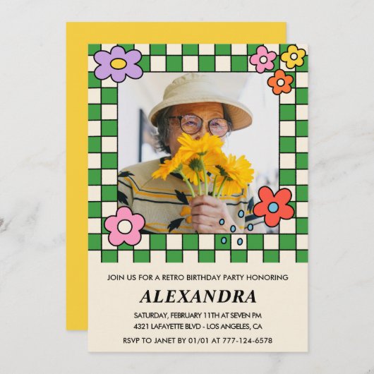 レトロ花Groovy写真94歳 招待状 (正面/裏面)