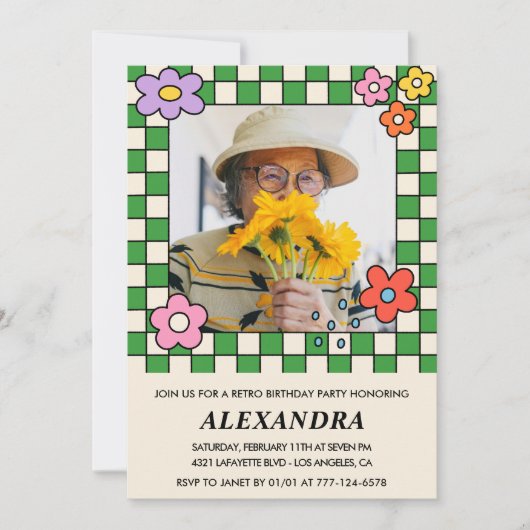 レトロ花Groovy写真98歳 招待状 (正面)