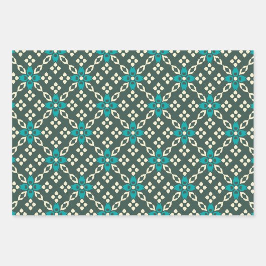 レトロ華美緑の装飾的なティール（緑がかった色）タイル ラッピングペーパーシート (正面)