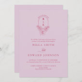 レトロ薄紫マゼンタフローラモノグラム結婚クレスト 招待状 (正面/裏面)