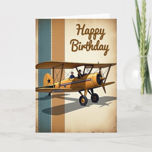 レトロ複葉機の誕生日カード カード (正面)