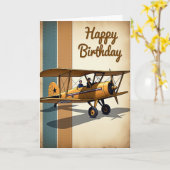 レトロ複葉機の誕生日カード カード (黄色い花)