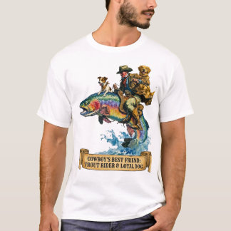 レトロ西部劇カウボーイと犬のマス釣りギフト Tシャツ