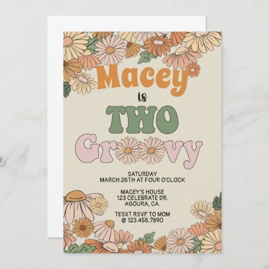 レトロ誕生日の招待、TWO、Two Groovy 招待状 (正面/裏面)