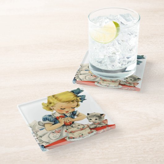 レトロ誕生日ガールケーキキャットチルドレンズアートワーク ガラスコースター (アングル)