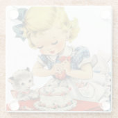 レトロ誕生日ガールケーキキャットチルドレンズアートワーク ガラスコースター (裏面)
