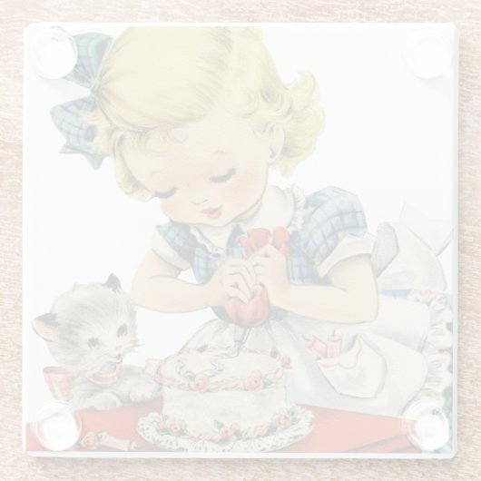 レトロ誕生日ガールケーキキャットチルドレンズアートワーク ガラスコースター (裏面)