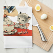 レトロ誕生日ガールケーキキャットチルドレンズアートワーク キッチンタオル (四つ折り)