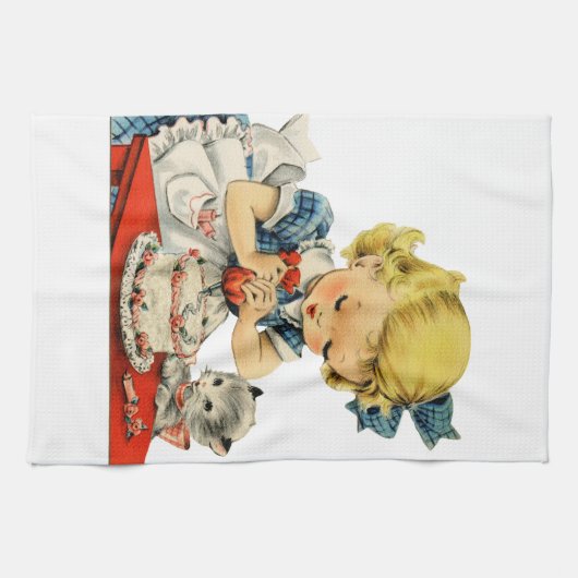 レトロ誕生日ガールケーキキャットチルドレンズアートワーク キッチンタオル (横)
