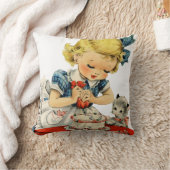 レトロ誕生日ガールケーキキャットチルドレンズアートワーク クッション (ブランケット)