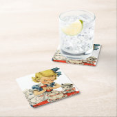 レトロ誕生日ガールケーキキャットチルドレンズアートワーク スクエアペーパーコースター (インサイチュ)