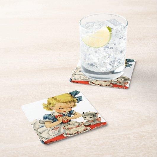 レトロ誕生日ガールケーキキャットチルドレンズアートワーク スクエアペーパーコースター (インサイチュ)