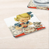 レトロ誕生日ガールケーキキャットチルドレンズアートワーク スクエアペーパーコースター (アングル)