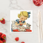 レトロ誕生日ガールケーキキャットチルドレンズアートワーク スタンダードカクテルナプキン (インサイチュ)