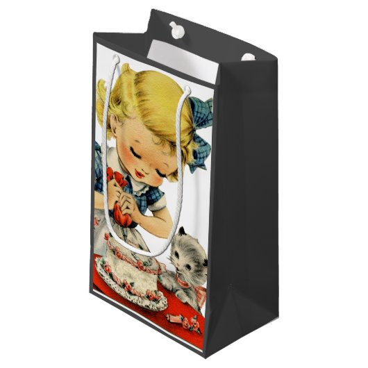 レトロ誕生日ガールケーキキャットチルドレンズアートワーク スモールペーパーバッグ (正面アングル)