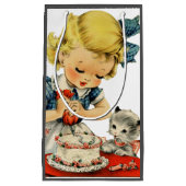 レトロ誕生日ガールケーキキャットチルドレンズアートワーク スモールペーパーバッグ (正面)