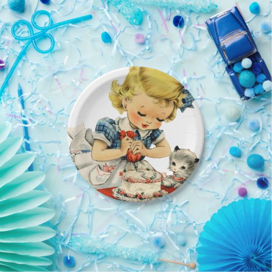 レトロ誕生日ガールケーキキャットチルドレンズアートワーク ペーパープレート (パーティー)