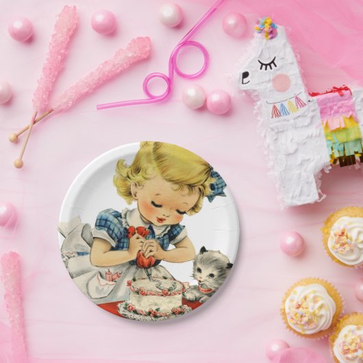 レトロ誕生日ガールケーキキャットチルドレンズアートワーク ペーパープレート (パーティー)