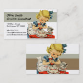 レトロ誕生日ガールケーキキャットチルドレンズアートワーク 名刺 (正面/裏面)