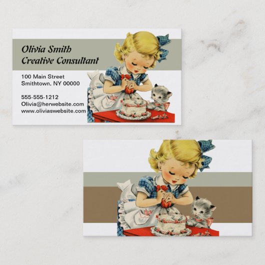 レトロ誕生日ガールケーキキャットチルドレンズアートワーク 名刺 (正面/裏面)