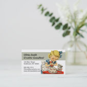 レトロ誕生日ガールケーキキャットチルドレンズアートワーク 名刺 (スタンド正面)