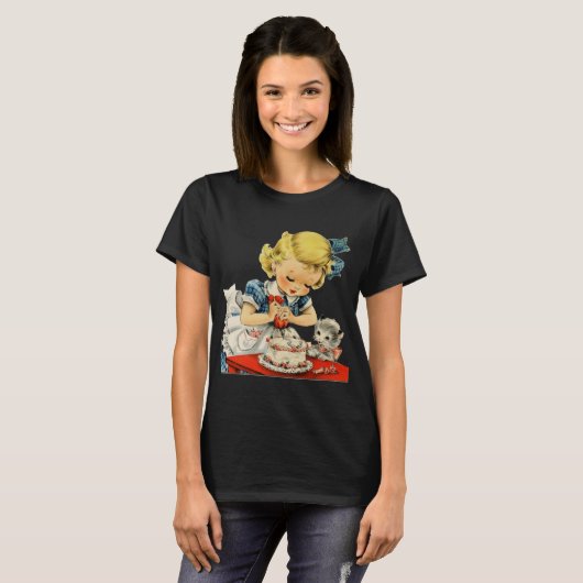 レトロ誕生日ガールケーキキャットチルドレンズアートワーク Tシャツ (正面フル)