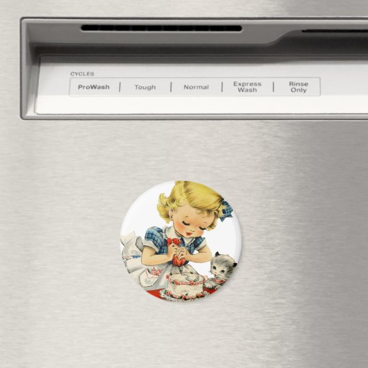 レトロ誕生日ガールケーキ猫アート マグネット (インサイチュ (食洗機))