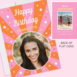 レトロ誕生日名前をカスタムする2フォトピンクオレンジ カード