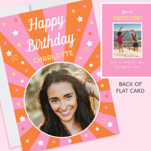 レトロ誕生日名前をカスタムする2フォトピンクオレンジ カード