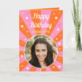 レトロ誕生日名前をカスタムする2フォトピンクオレンジ カード (正面)