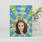 レトロ誕生日名前をカスタムする2フォトブルーグリーン カード (スタンド正面)