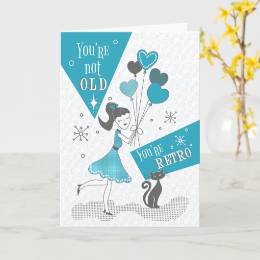 レトロ誕生日女の子とハートバルーンと黒 カード (黄色い花)