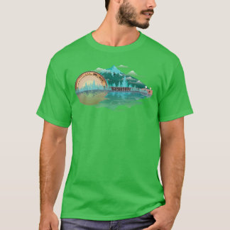レトロ調バンジョー 山と太陽 面白いブルーグラスファン Tシャツ