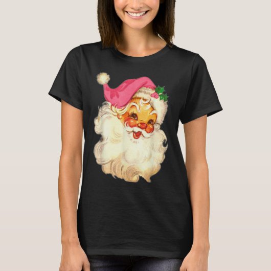 レトロ調ピンクのサンタクロース クリスマスデザイン Tシャツ (正面)