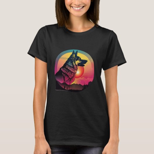 レトロ調80年代シンセウェーブジャーマンシェパード Tシャツ (正面)