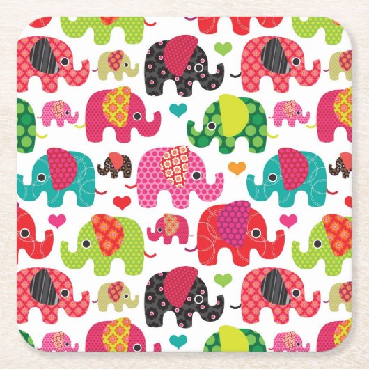 レトロ象はパターン壁紙をからかいます スクエアペーパーコースター (正面)