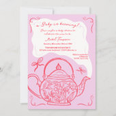 レトロ赤い弓ティーポットベビーは醸造ベビーシャワー 招待状 (正面)