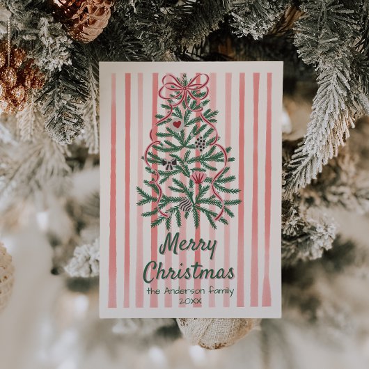 レトロ赤い緑のリボンの木クリスマスの非写真 シーズンカード