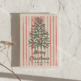 レトロ赤い緑のリボンの木クリスマスの非写真 シーズンカード