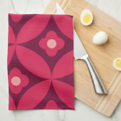 レトロ赤い花Mid Century Circlesパターン キッチンタオル (四つ折り)