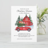 レトロ赤い車と納屋のクリスマスツリー ディナー 招待状 (スタンド正面)