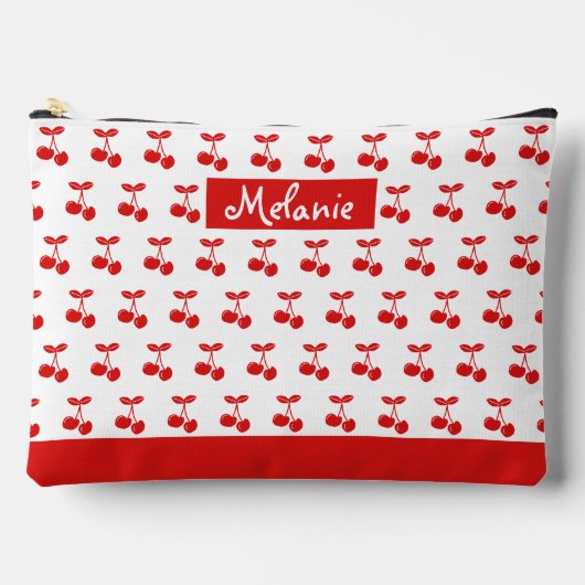 レトロ赤さくらんぼパターン白パーソナライズされた アクセサリーポーチ (正面)