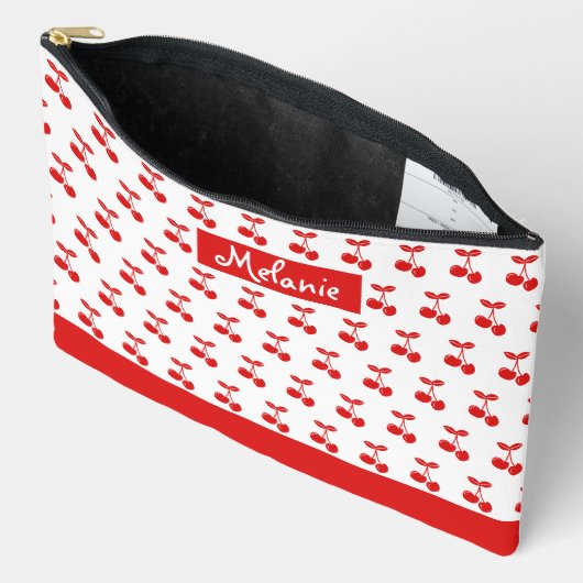 レトロ赤さくらんぼパターン白パーソナライズされた アクセサリーポーチ (見開き)