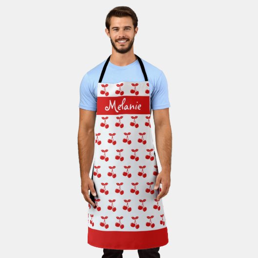 レトロ赤さくらんぼパターン白パーソナライズされた エプロン (着用した状態)