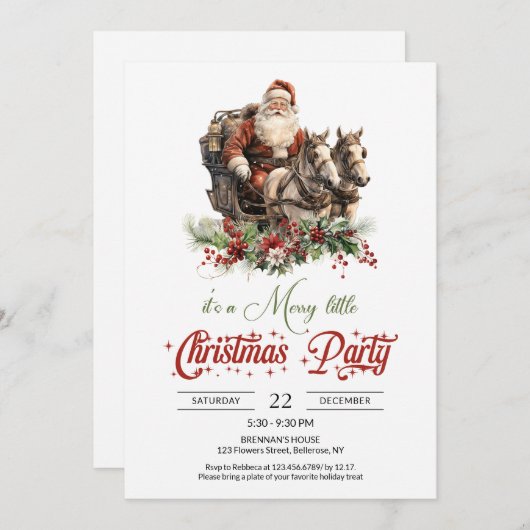レトロ赤と緑のサンタと馬描そり 招待状 (正面/裏面)