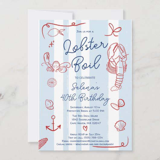 レトロ赤と青のおもしろいロブスター沸騰40th誕生日 招待状 (正面)