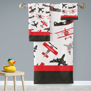 レトロ赤と黒のWWII軍隊飛行機パターン バスタオルセット