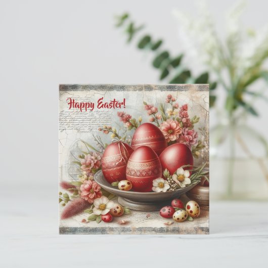 レトロ赤イースターエッグの水の色の春の花 シーズンカード (スタンド正面)