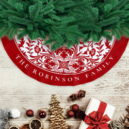 レトロ赤エレガント白クリスマスフローラルパターン ブラッシュドポリエステルツリースカート